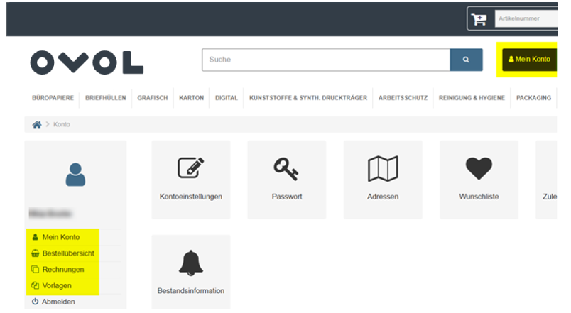Webshop der OVOL Deutschland Gruppe - Kontoverwaltung