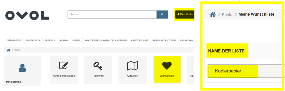 Webshop der OVOL Deutschland Gruppe - Nutzung Ihrer Wunschliste